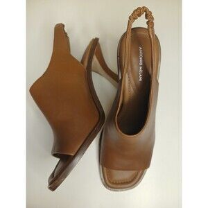 Antonio Melani Sz 9 Leather Sling-back Peep-toe Mules Heels Saddle Brown EUC